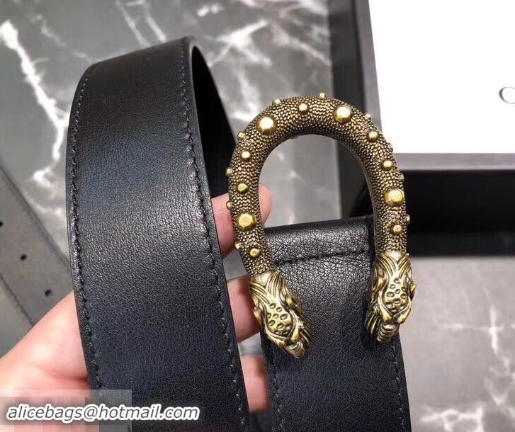 Practical Gucci Width 3.5cm Leather Belt Black/Gold with Dionysus Stud Buckle 458955