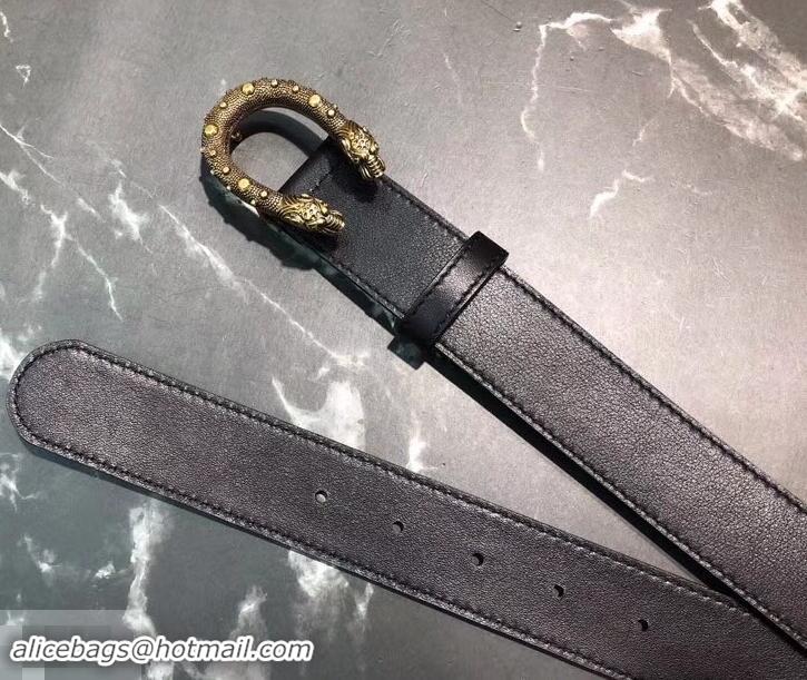 Practical Gucci Width 3.5cm Leather Belt Black/Gold with Dionysus Stud Buckle 458955