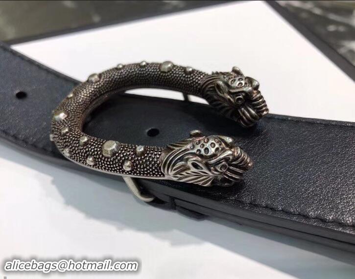 New Product Gucci Width 3.5cm Leather Belt Black/Silver with Dionysus Stud Buckle 458956