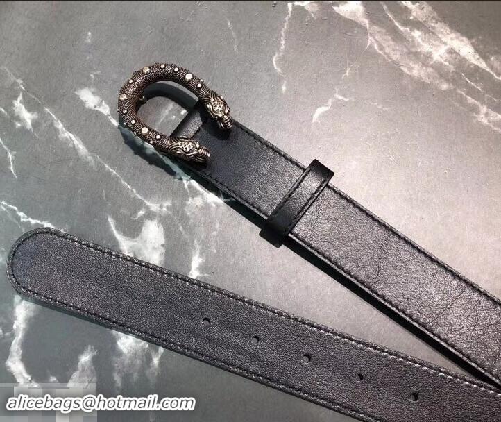 New Product Gucci Width 3.5cm Leather Belt Black/Silver with Dionysus Stud Buckle 458956