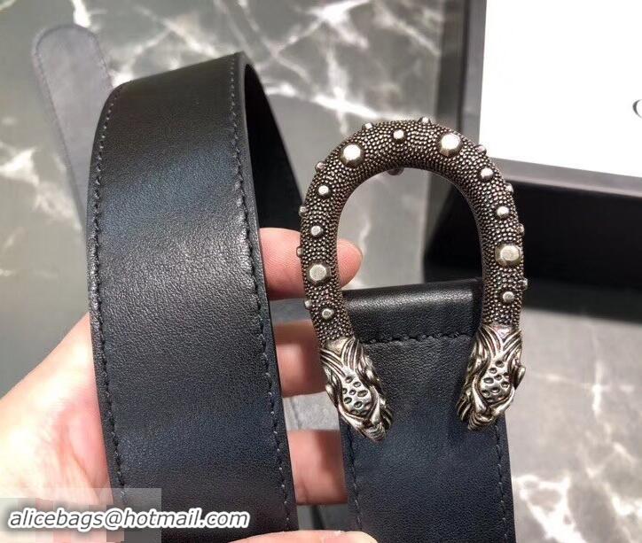 New Product Gucci Width 3.5cm Leather Belt Black/Silver with Dionysus Stud Buckle 458956