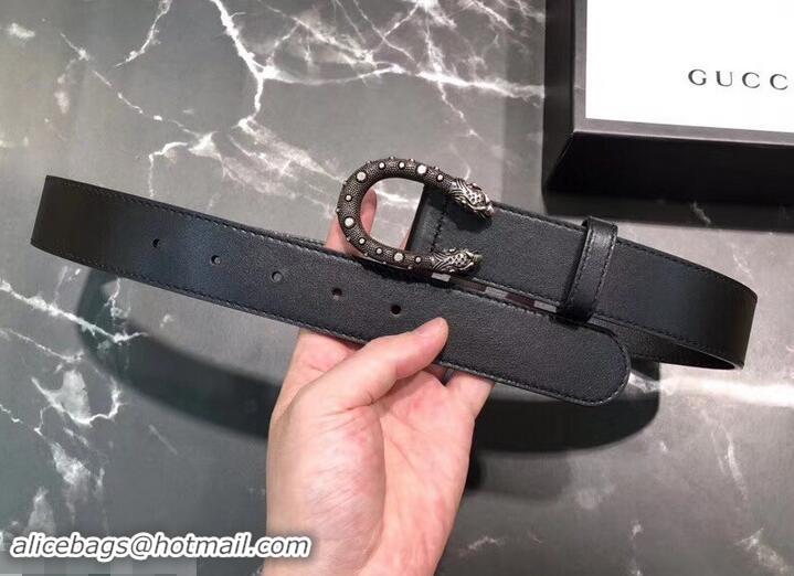 New Product Gucci Width 3.5cm Leather Belt Black/Silver with Dionysus Stud Buckle 458956