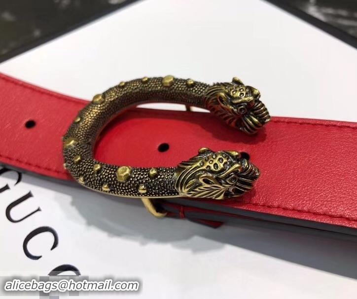 Best Luxury Gucci Width 3.5cm Leather Belt Red with Dionysus Stud Buckle 458957