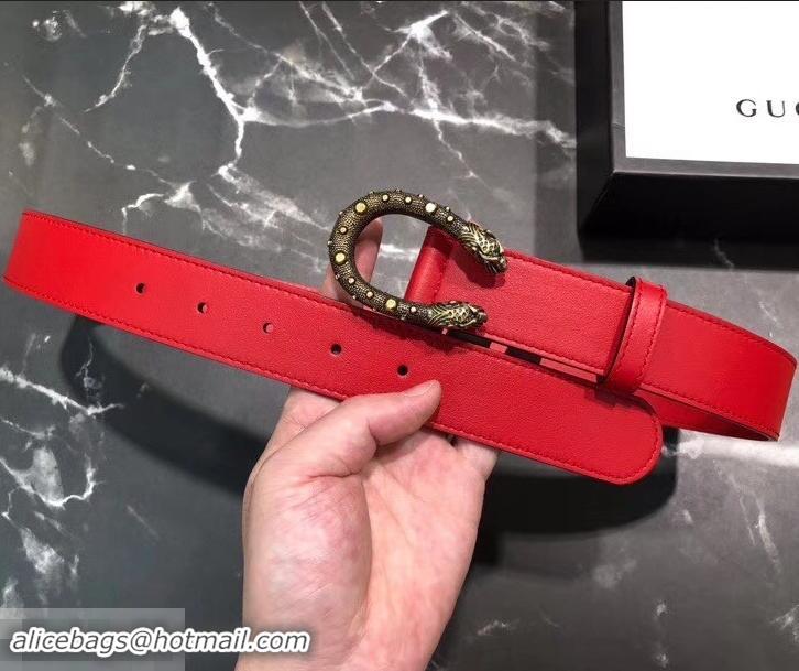 Best Luxury Gucci Width 3.5cm Leather Belt Red with Dionysus Stud Buckle 458957