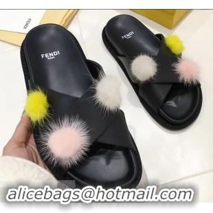 Design Cheap Fendi Slides Mink Pompom F93115 Black 2019