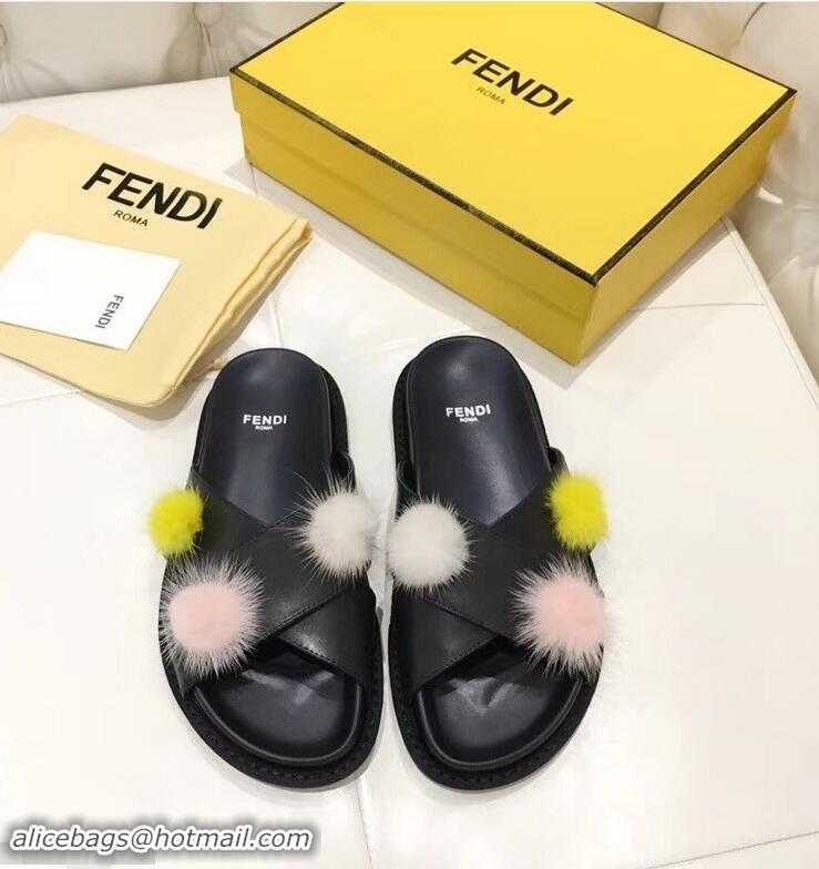 Design Cheap Fendi Slides Mink Pompom F93115 Black 2019