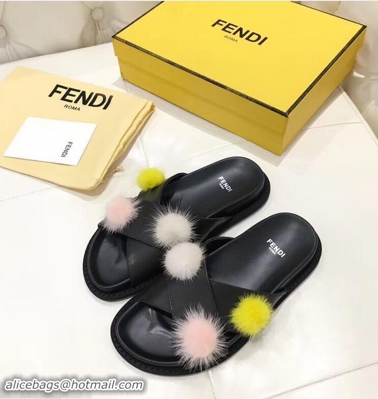 Design Cheap Fendi Slides Mink Pompom F93115 Black 2019