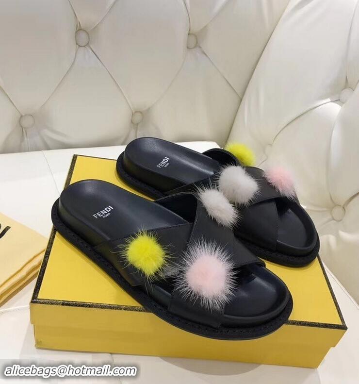 Design Cheap Fendi Slides Mink Pompom F93115 Black 2019