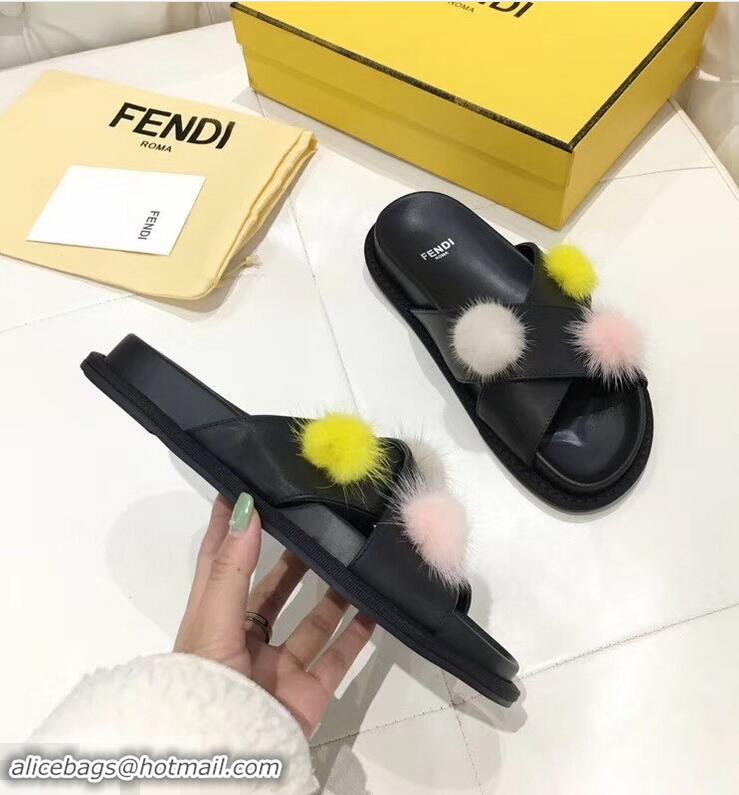 Design Cheap Fendi Slides Mink Pompom F93115 Black 2019