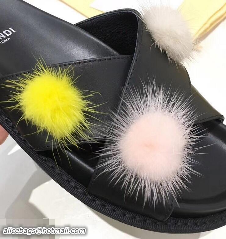 Design Cheap Fendi Slides Mink Pompom F93115 Black 2019