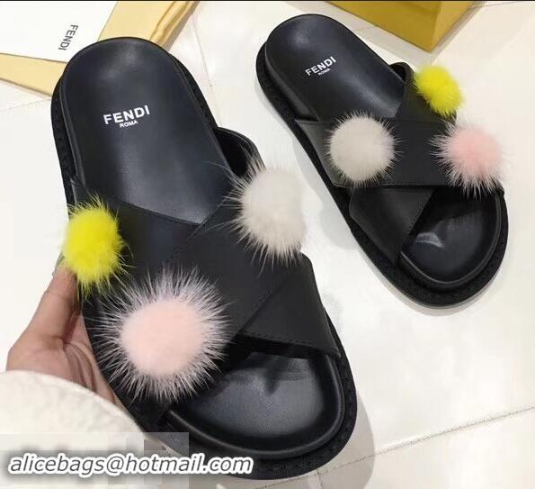 Design Cheap Fendi Slides Mink Pompom F93115 Black 2019