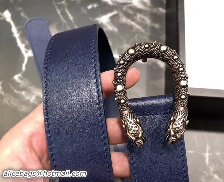 Fashion Gucci Width 3.5cm Leather Belt Navy Blue with Dionysus Stud Buckle 458959