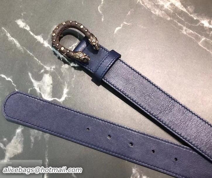 Fashion Gucci Width 3.5cm Leather Belt Navy Blue with Dionysus Stud Buckle 458959