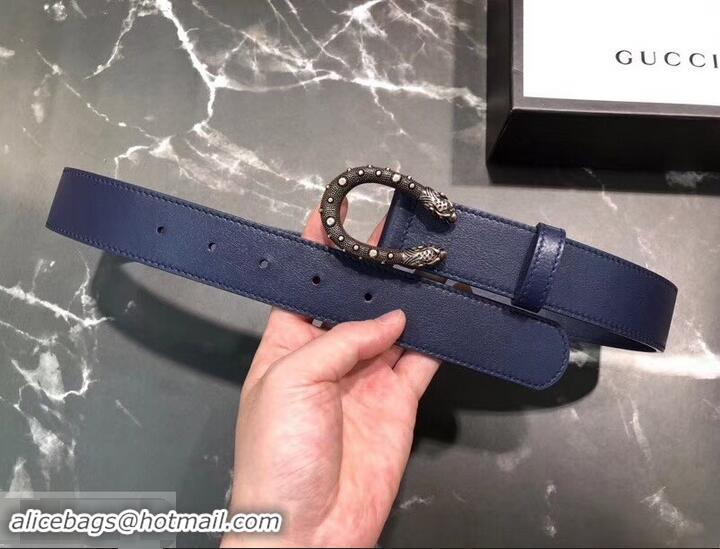 Fashion Gucci Width 3.5cm Leather Belt Navy Blue with Dionysus Stud Buckle 458959