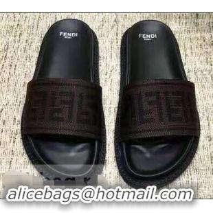 Best Quality Fendi FF Logo Canvas Slides F93116 Brown 2019