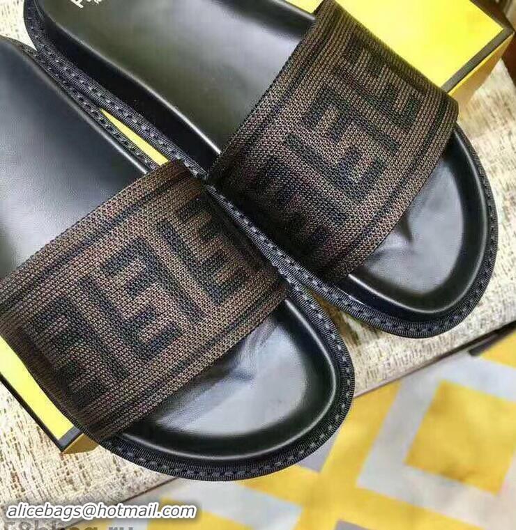 Best Quality Fendi FF Logo Canvas Slides F93116 Brown 2019