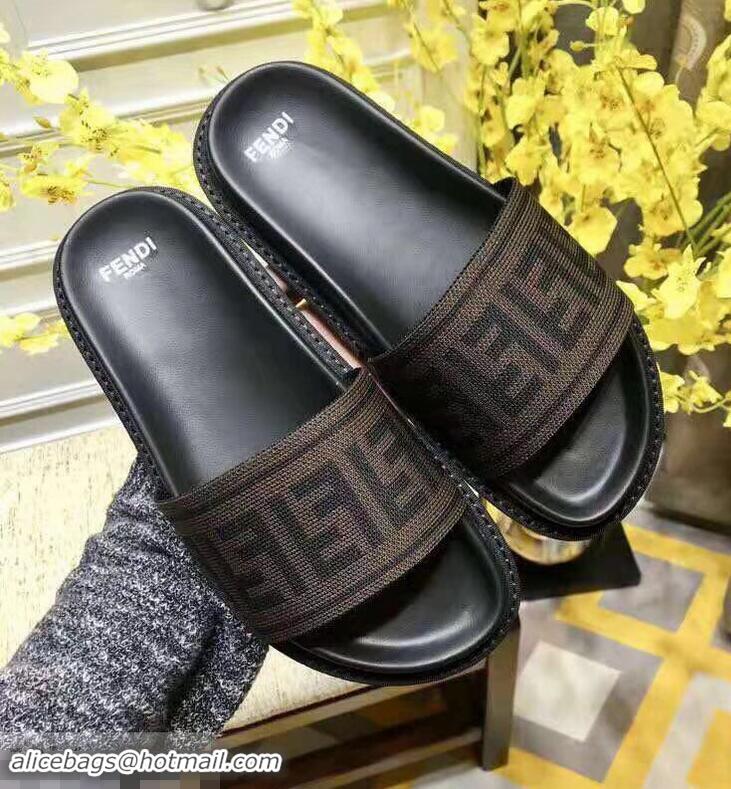 Best Quality Fendi FF Logo Canvas Slides F93116 Brown 2019