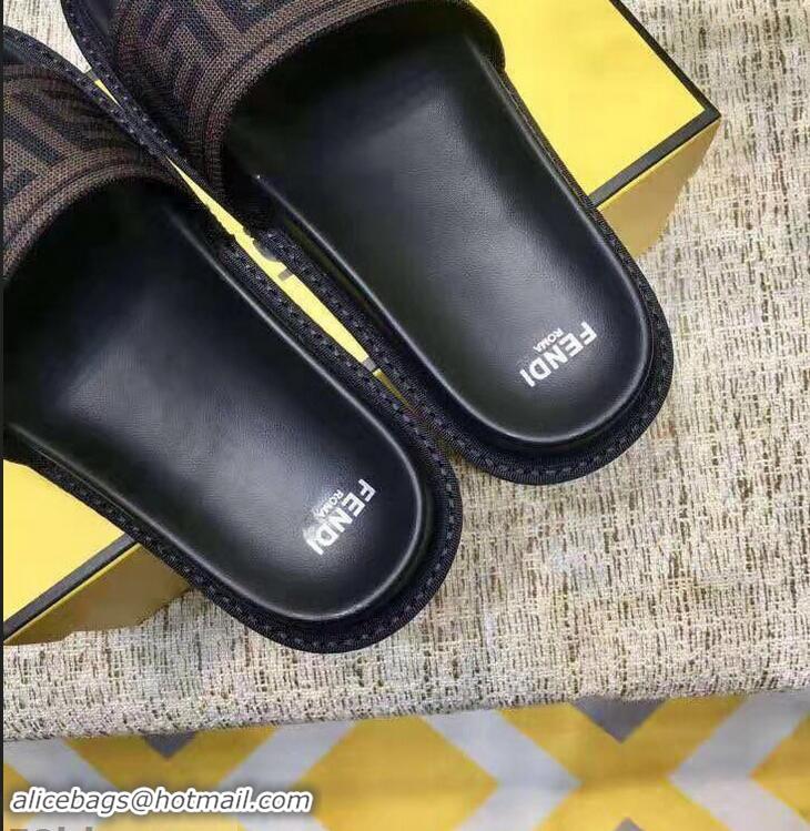 Best Quality Fendi FF Logo Canvas Slides F93116 Brown 2019