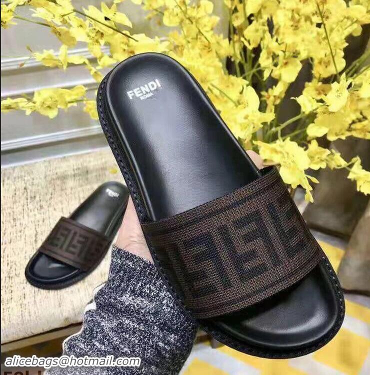 Best Quality Fendi FF Logo Canvas Slides F93116 Brown 2019