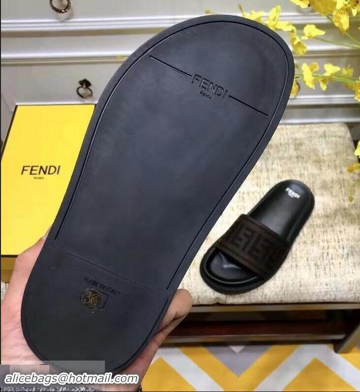 Best Quality Fendi FF Logo Canvas Slides F93116 Brown 2019