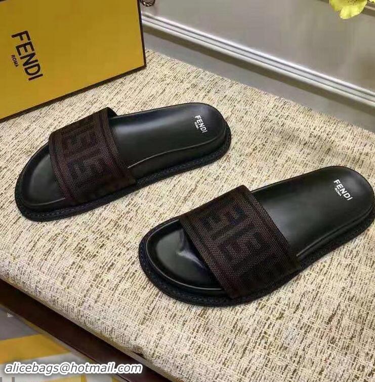 Best Quality Fendi FF Logo Canvas Slides F93116 Brown 2019