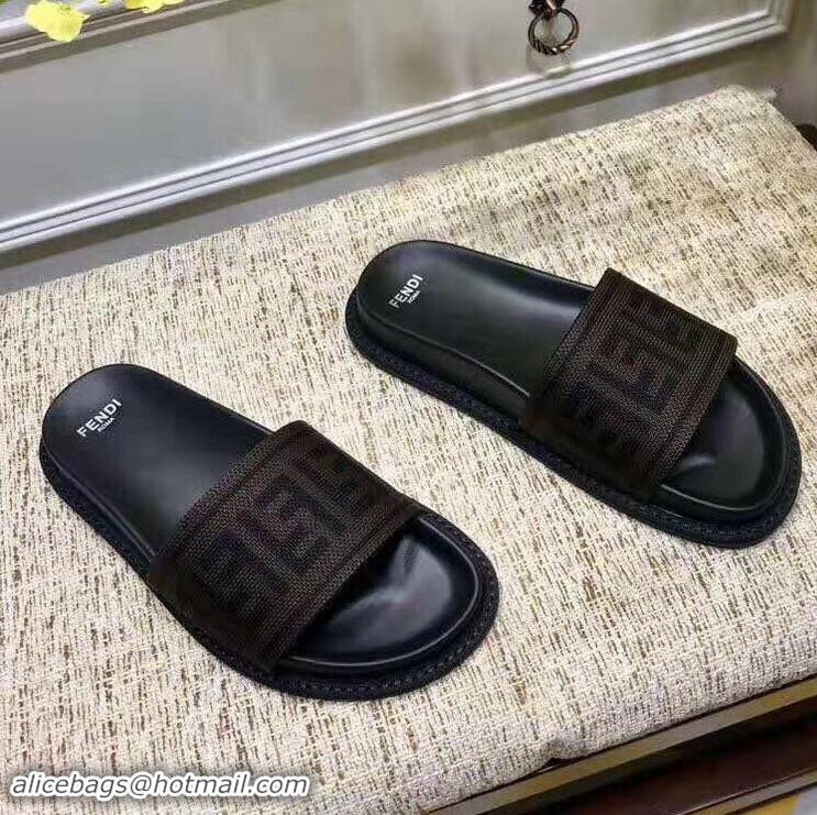 Best Quality Fendi FF Logo Canvas Slides F93116 Brown 2019