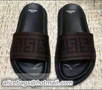 Best Quality Fendi FF Logo Canvas Slides F93116 Brown 2019