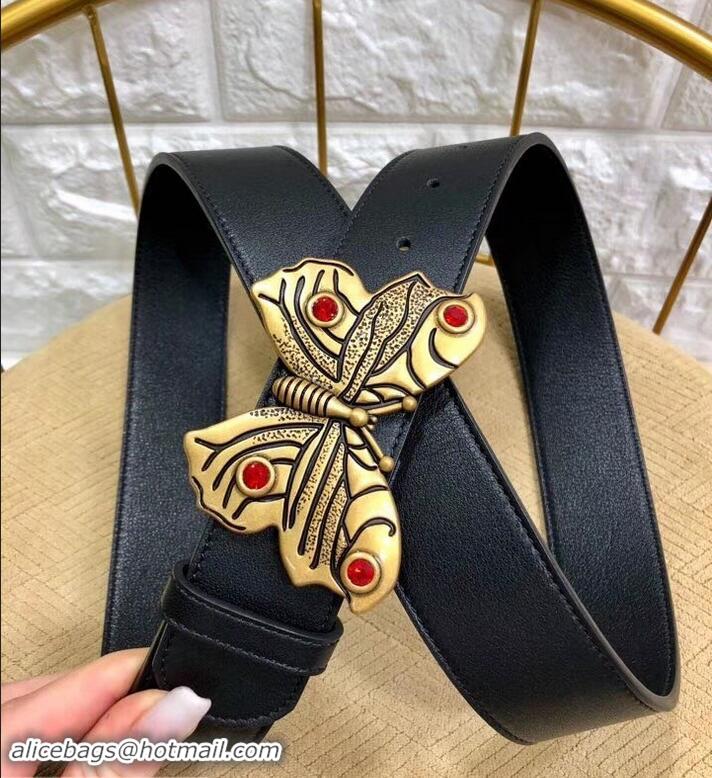 New Design Gucci Width 4cm Leather Belt Black with Butterfly Buckle 458961