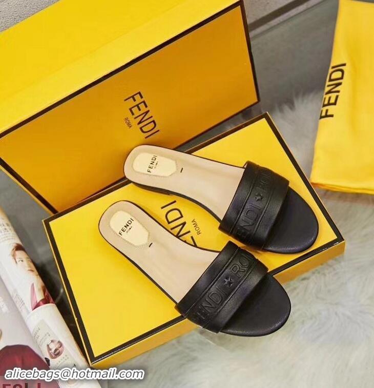 Buy Inexpensive Fendi Roma Embossed Flat Slides F93121 Black 2019