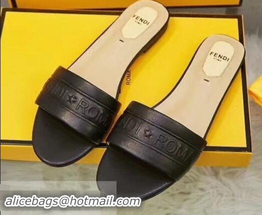 Buy Inexpensive Fendi Roma Embossed Flat Slides F93121 Black 2019