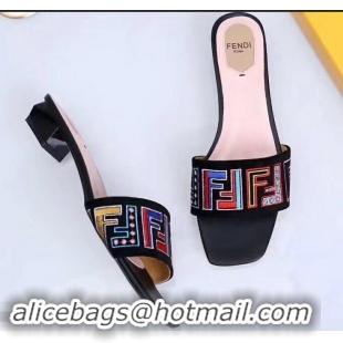 Good Quality Fendi Heel 3.5cm Square-Toe Multicolour FF Logo Slides F93124 Black 2019