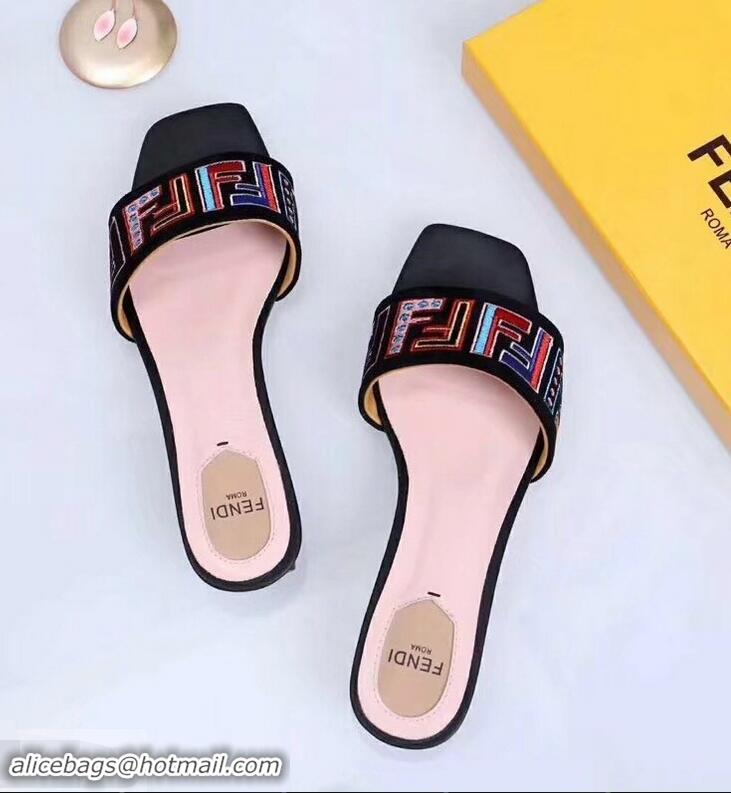 Good Quality Fendi Heel 3.5cm Square-Toe Multicolour FF Logo Slides F93124 Black 2019