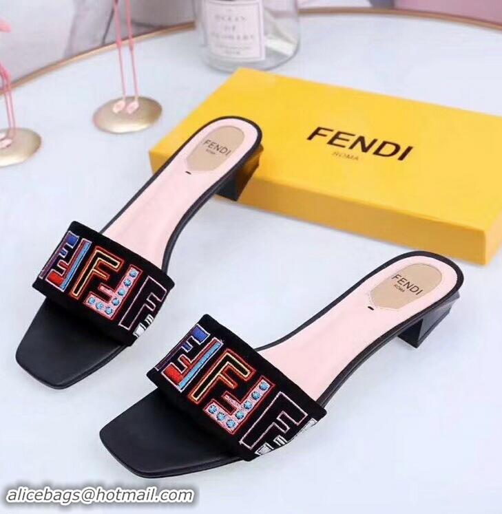 Good Quality Fendi Heel 3.5cm Square-Toe Multicolour FF Logo Slides F93124 Black 2019