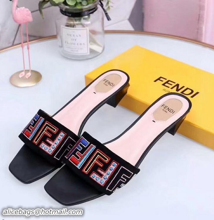 Good Quality Fendi Heel 3.5cm Square-Toe Multicolour FF Logo Slides F93124 Black 2019