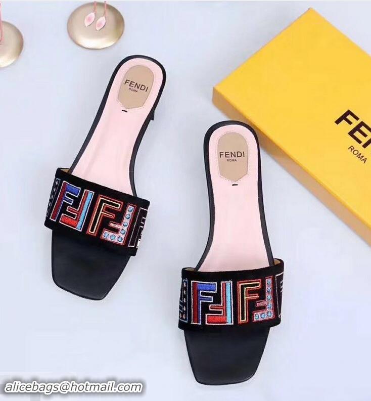 Good Quality Fendi Heel 3.5cm Square-Toe Multicolour FF Logo Slides F93124 Black 2019