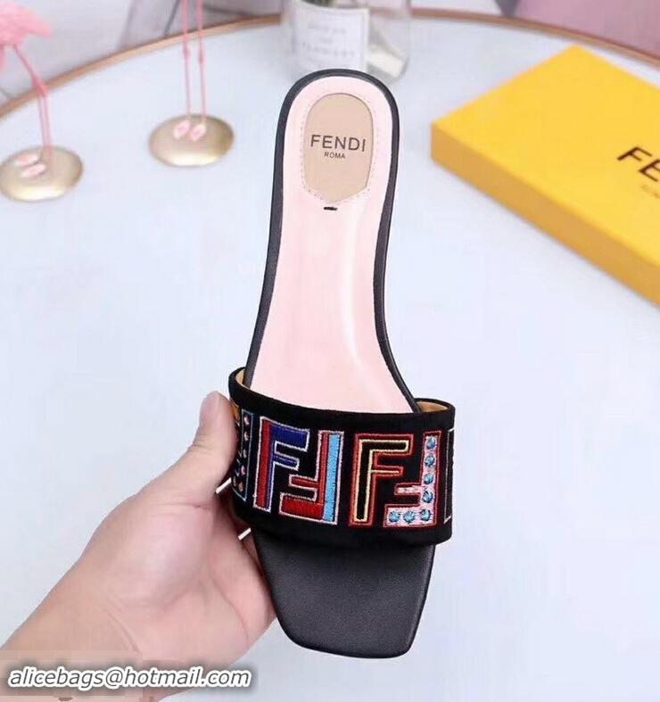 Good Quality Fendi Heel 3.5cm Square-Toe Multicolour FF Logo Slides F93124 Black 2019