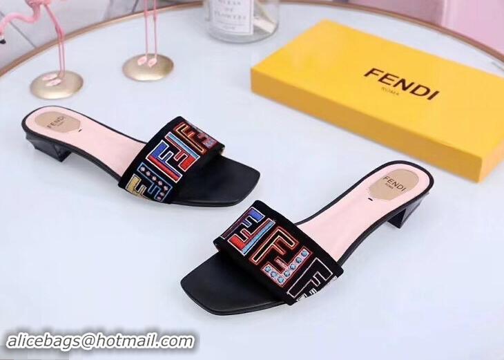 Good Quality Fendi Heel 3.5cm Square-Toe Multicolour FF Logo Slides F93124 Black 2019