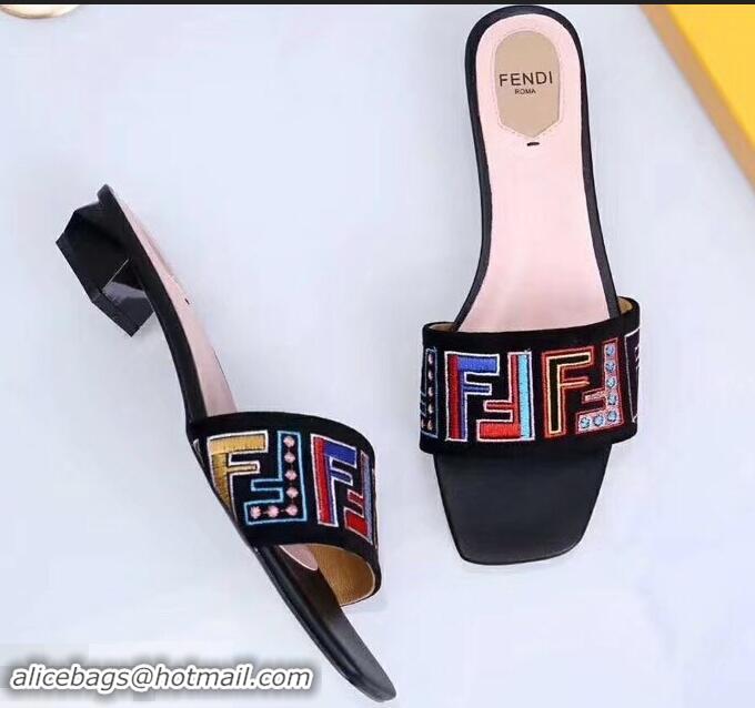 Good Quality Fendi Heel 3.5cm Square-Toe Multicolour FF Logo Slides F93124 Black 2019