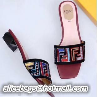 Cheapest Fendi Heel 3.5cm Square-Toe Multicolour FF Logo Slides F93124 Black/Red 2019