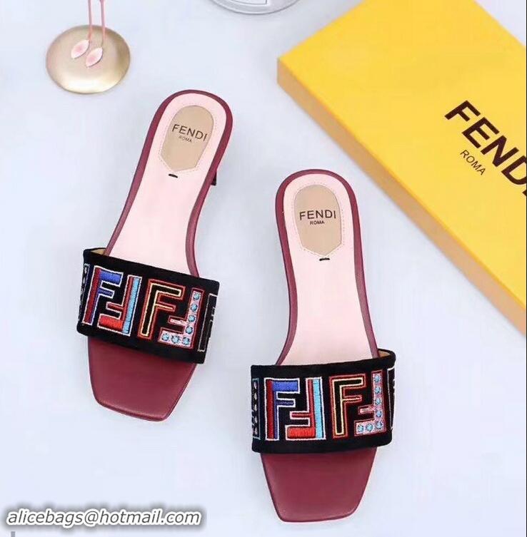 Cheapest Fendi Heel 3.5cm Square-Toe Multicolour FF Logo Slides F93124 Black/Red 2019