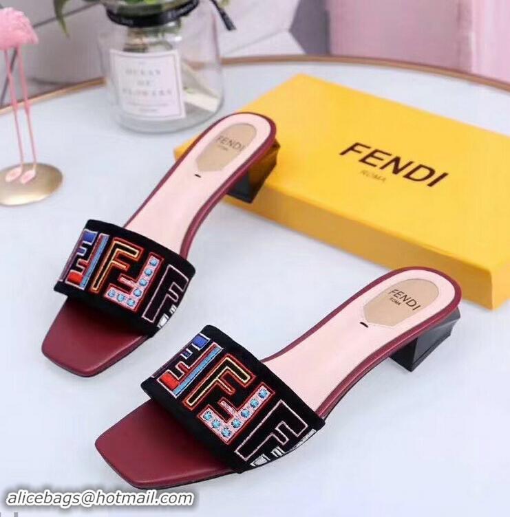 Cheapest Fendi Heel 3.5cm Square-Toe Multicolour FF Logo Slides F93124 Black/Red 2019