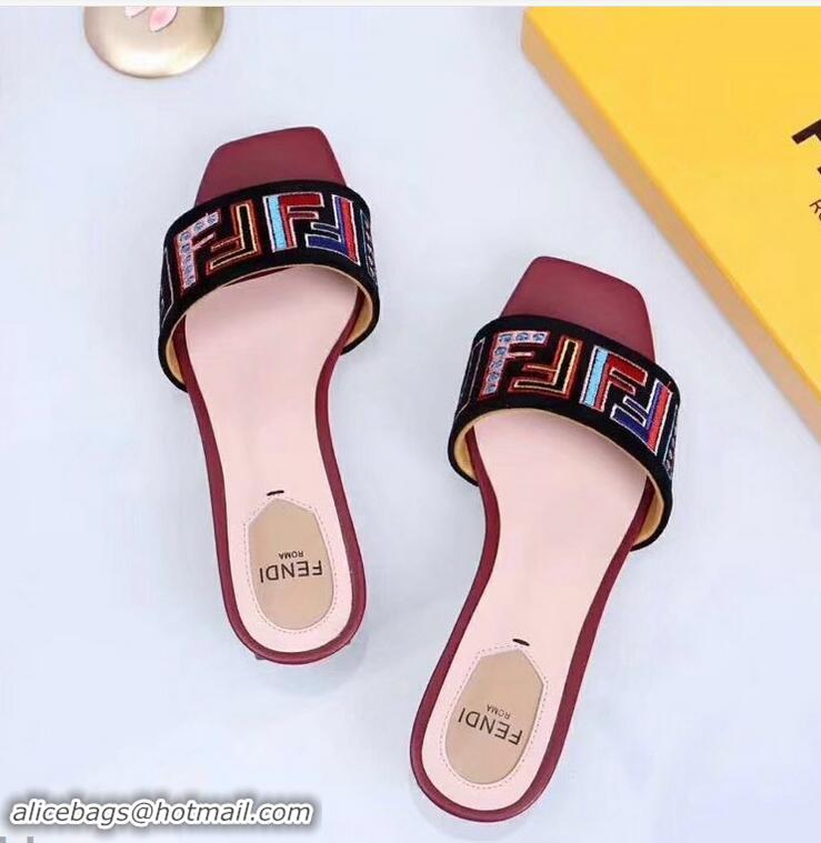 Cheapest Fendi Heel 3.5cm Square-Toe Multicolour FF Logo Slides F93124 Black/Red 2019