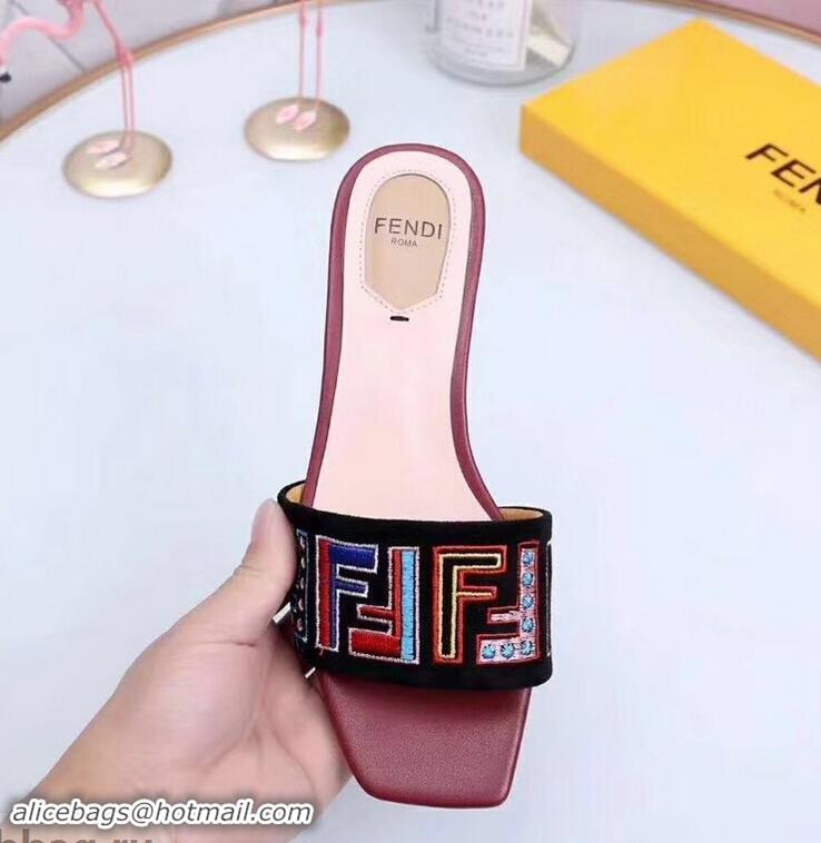 Cheapest Fendi Heel 3.5cm Square-Toe Multicolour FF Logo Slides F93124 Black/Red 2019