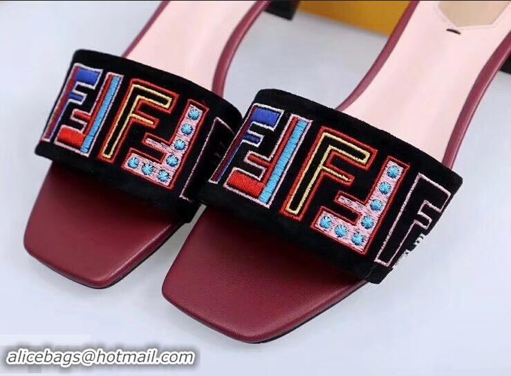 Cheapest Fendi Heel 3.5cm Square-Toe Multicolour FF Logo Slides F93124 Black/Red 2019