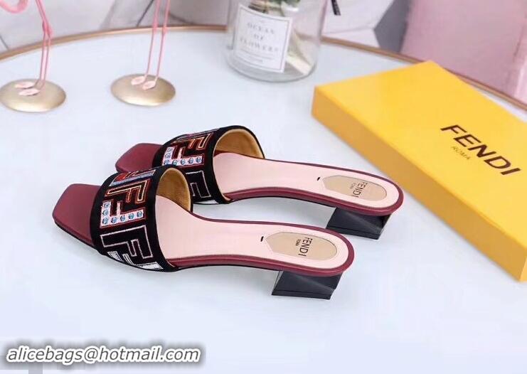 Cheapest Fendi Heel 3.5cm Square-Toe Multicolour FF Logo Slides F93124 Black/Red 2019