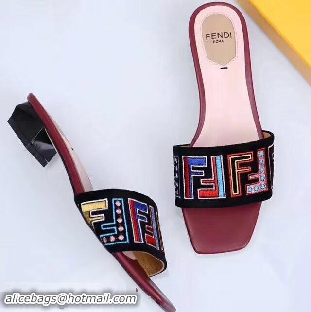 Cheapest Fendi Heel 3.5cm Square-Toe Multicolour FF Logo Slides F93124 Black/Red 2019