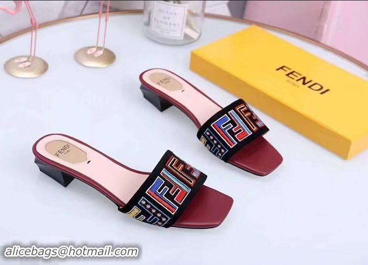 Cheapest Fendi Heel 3.5cm Square-Toe Multicolour FF Logo Slides F93124 Black/Red 2019