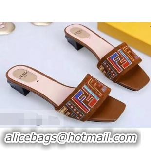 Affordable Price Fendi Heel 3.5cm Square-Toe Multicolour FF Logo Slides F93124 Brown 2019