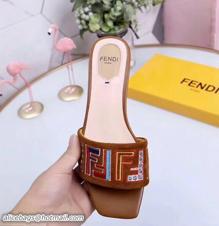 Affordable Price Fendi Heel 3.5cm Square-Toe Multicolour FF Logo Slides F93124 Brown 2019