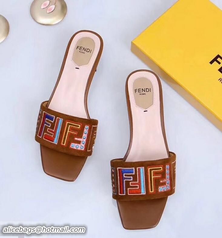 Affordable Price Fendi Heel 3.5cm Square-Toe Multicolour FF Logo Slides F93124 Brown 2019